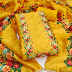 Premium Yellow Floral Digital Printed Cotton Silk Dress Material With Moti Handwork