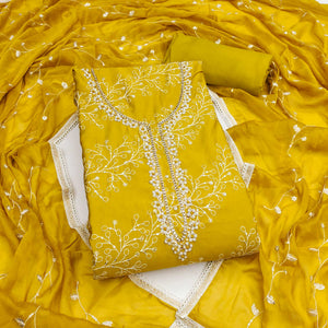 Exclusive Dark Mustard Floral Embroidery Cotton Silk Dress Material Enhanced With Moti & Sequin Work