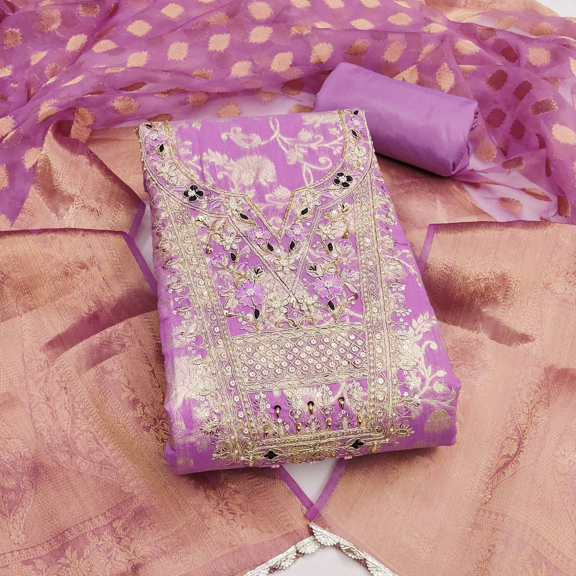 Lavender Banarasi Silk Dress Material Featuring Floral Weaving With Cording & Sequins Embroidery