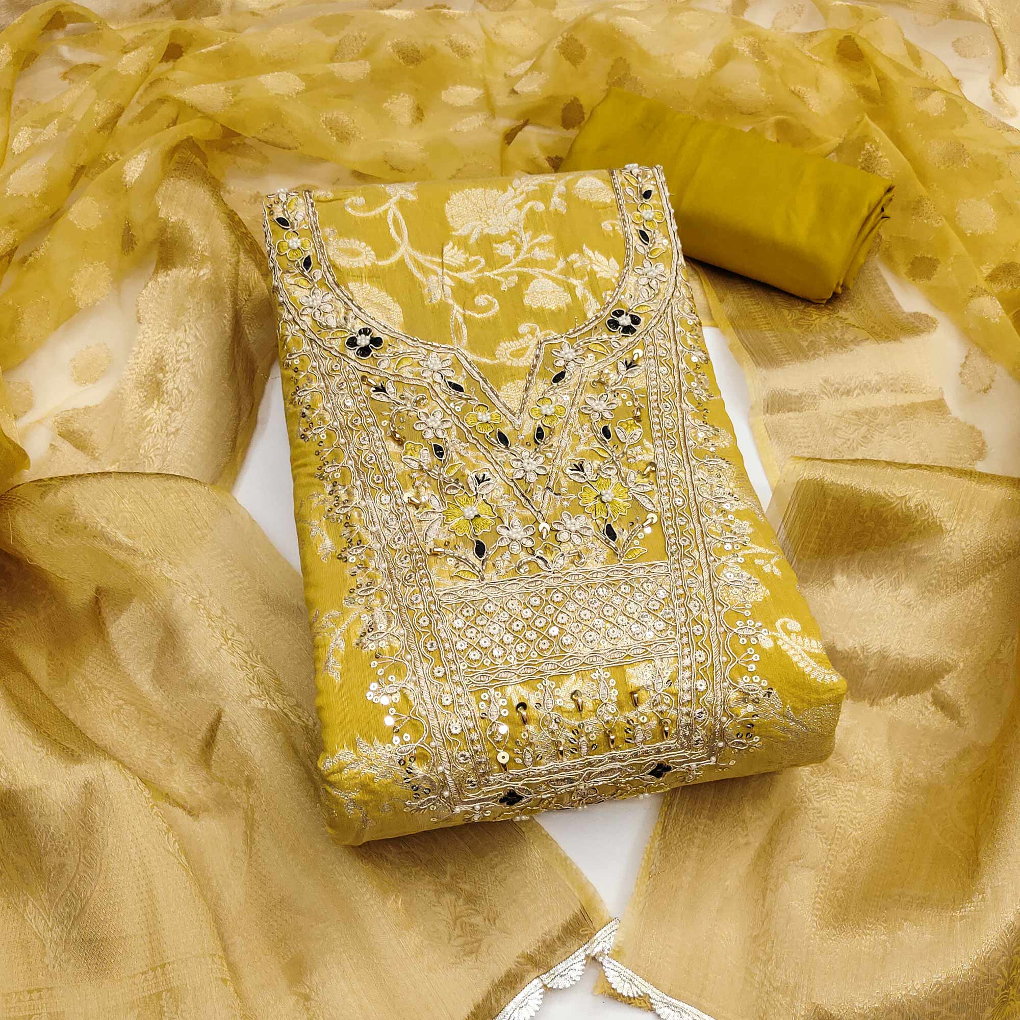Mustard Banarasi Silk Dress Material Featuring Floral Weaving With Cording & Sequins Embroidery