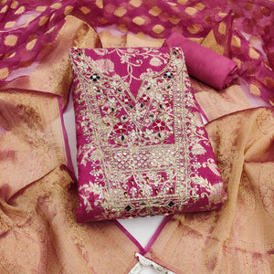 Pink Banarasi Silk Dress Material Featuring Floral Weaving With Cording & Sequins Embroidery
