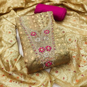 Elegant Mehendi Green Floral Weaving & Digital Print Organza Dress Material With Cording Embroidery