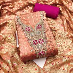 Elegant Peach Floral Weaving & Digital Print Organza Dress Material With Cording Embroidery