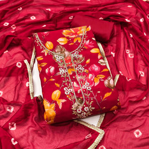 Exclusive Red Floral Printed Cotton Silk Dress Material Adorned With Beads & Moti Handwork