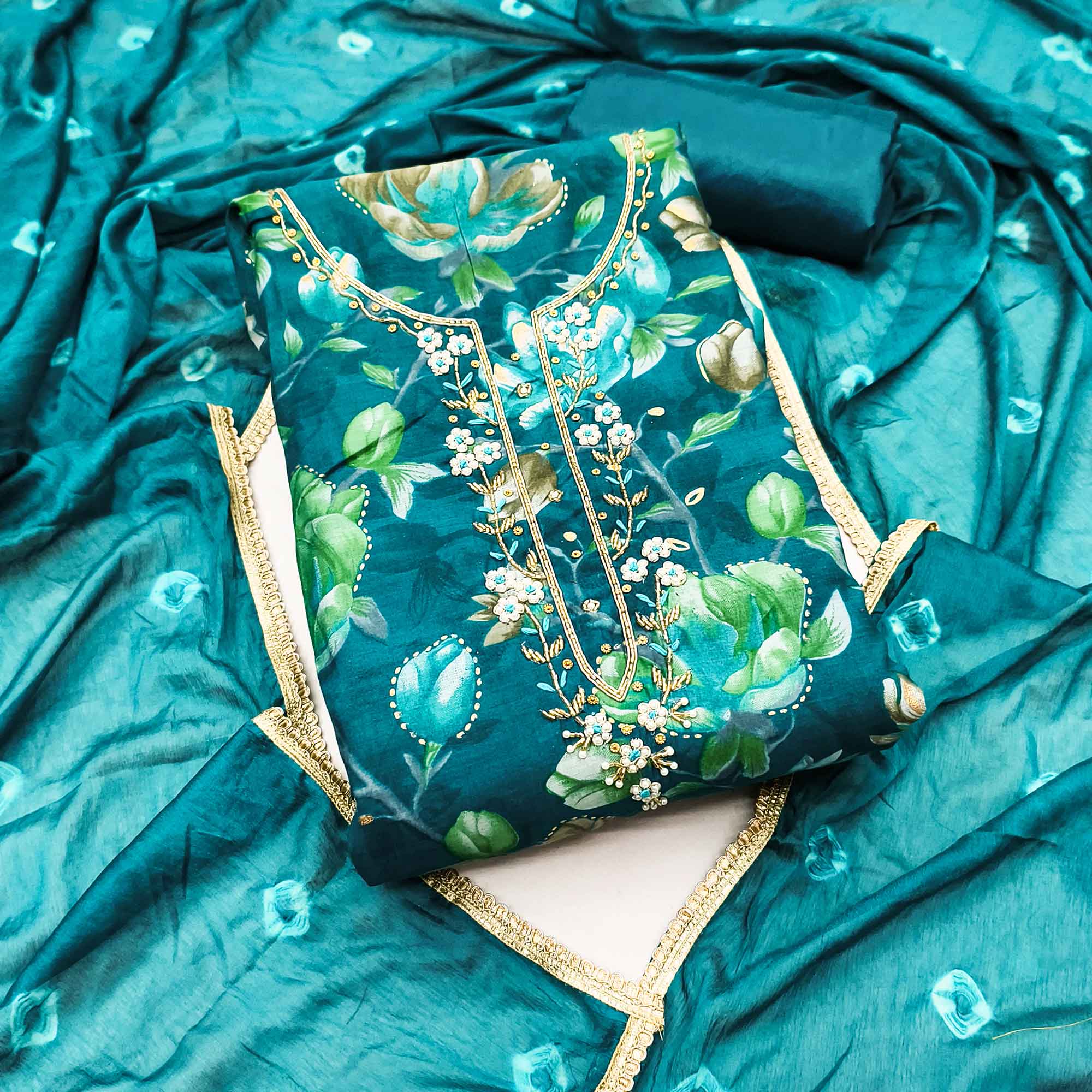 Exclusive Teal Floral Printed Cotton Silk Dress Material Adorned With Beads & Moti Handwork