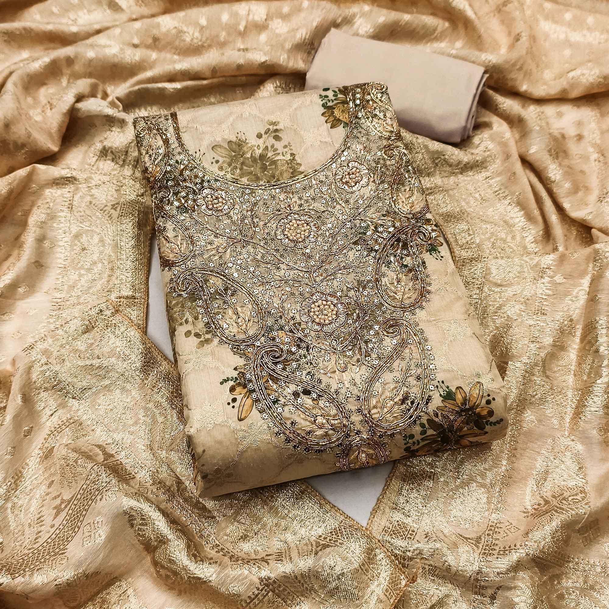 Beige Floral Weaving & Digital Printed Banarasi Silk Dress Material With Cording Embroidery