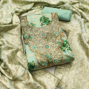 Green Floral Weaving & Digital Printed Banarasi Silk Dress Material With Cording Embroidery