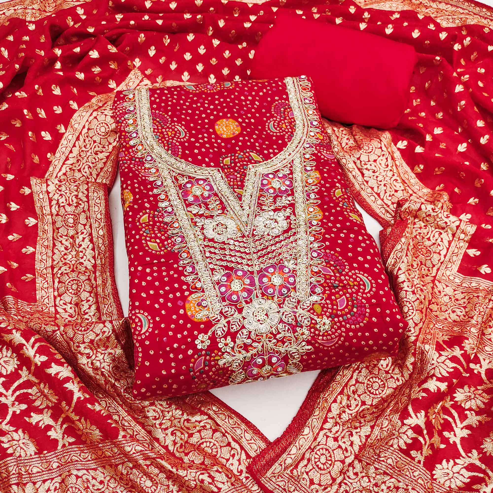 Premium Red Bandhani Print Cotton Silk Dress Material Featuring Floral Cording Embroidery Work