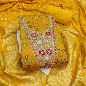 Premium Yellow Bandhani Print Cotton Silk Dress Material Featuring Floral Cording Embroidery Work