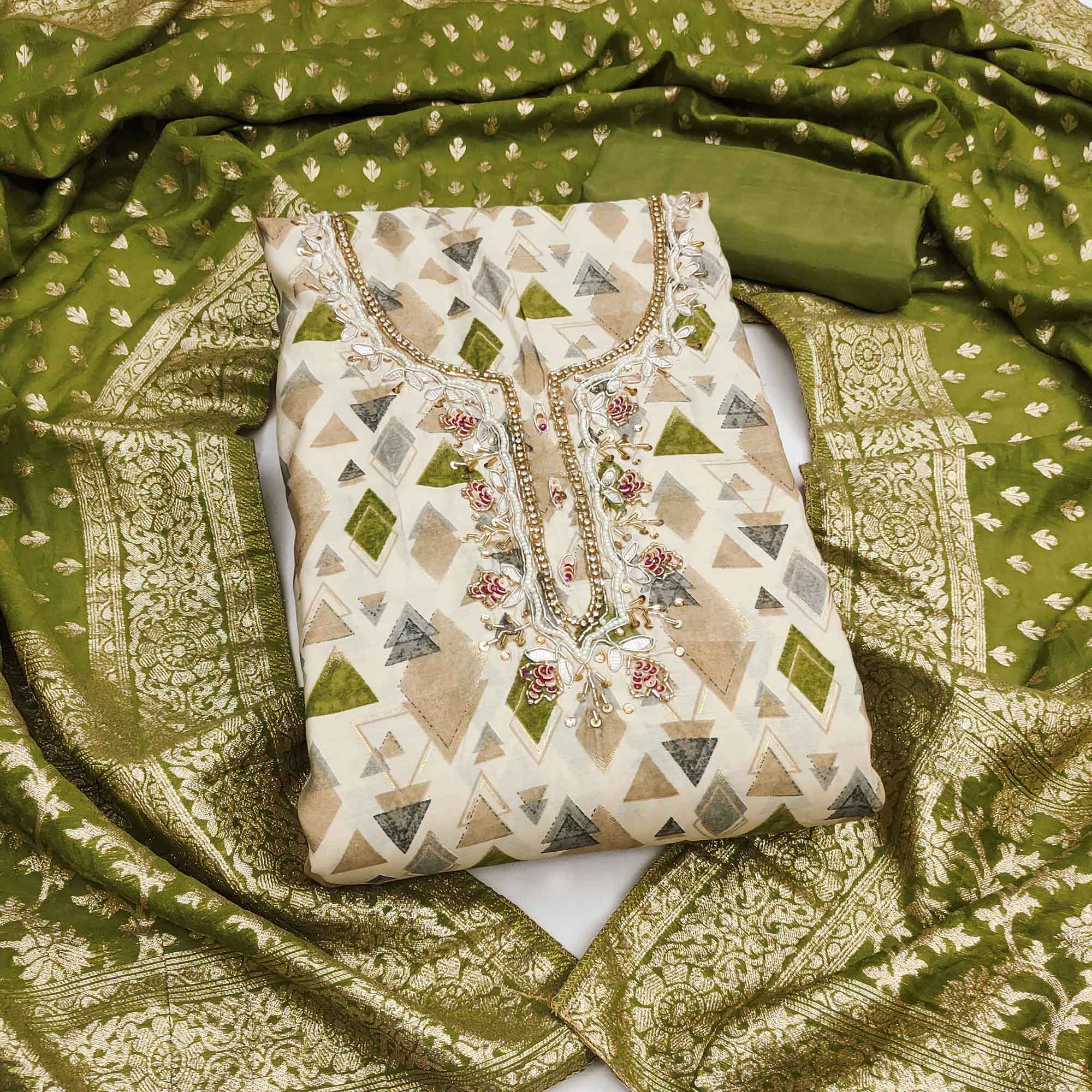 Premium Green Geometric Print Cotton Silk Dress Material Featuring Moti & Sequins Handwork