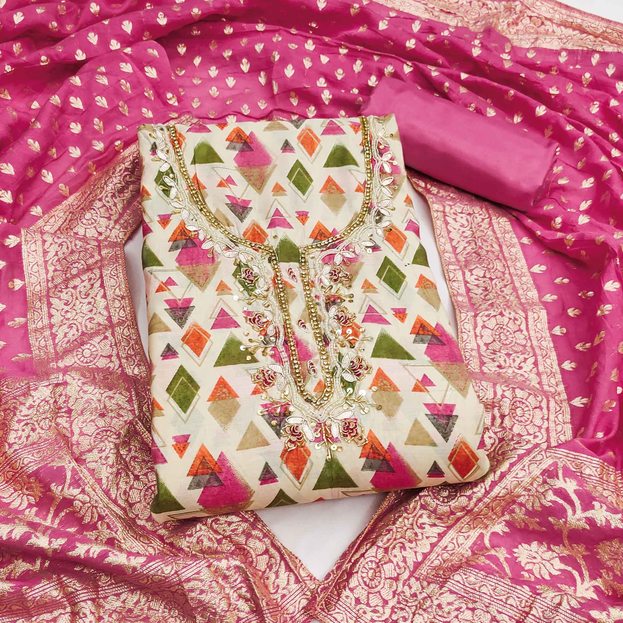 Premium Pink Geometric Print Cotton Silk Dress Material Featuring Moti & Sequins Handwork