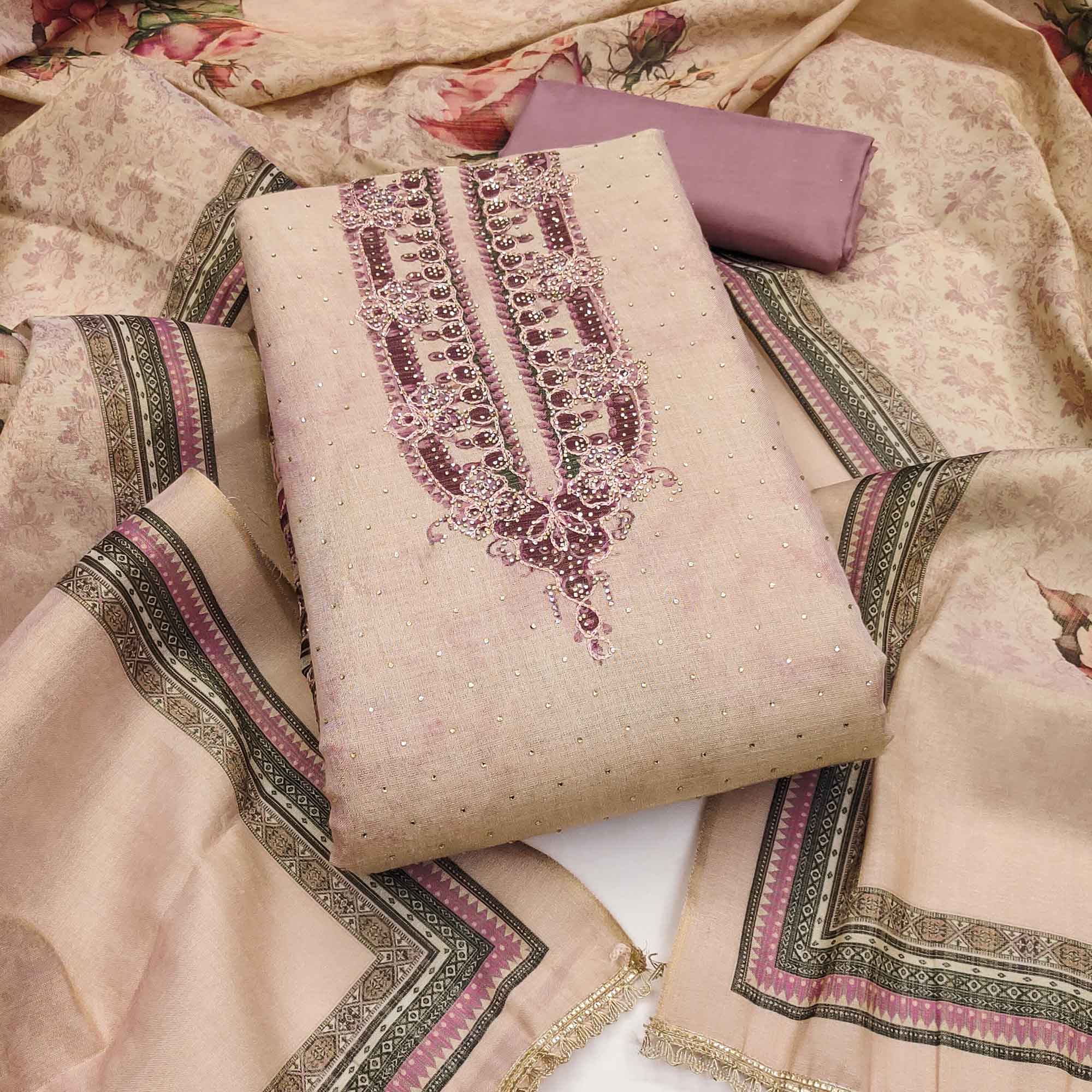 Exclusive Mauve Floral Print Shimmer Dress Material Adorned With Swarovski Embellishments
