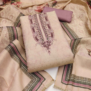 Exclusive Mauve Floral Print Shimmer Dress Material Adorned With Swarovski Embellishments