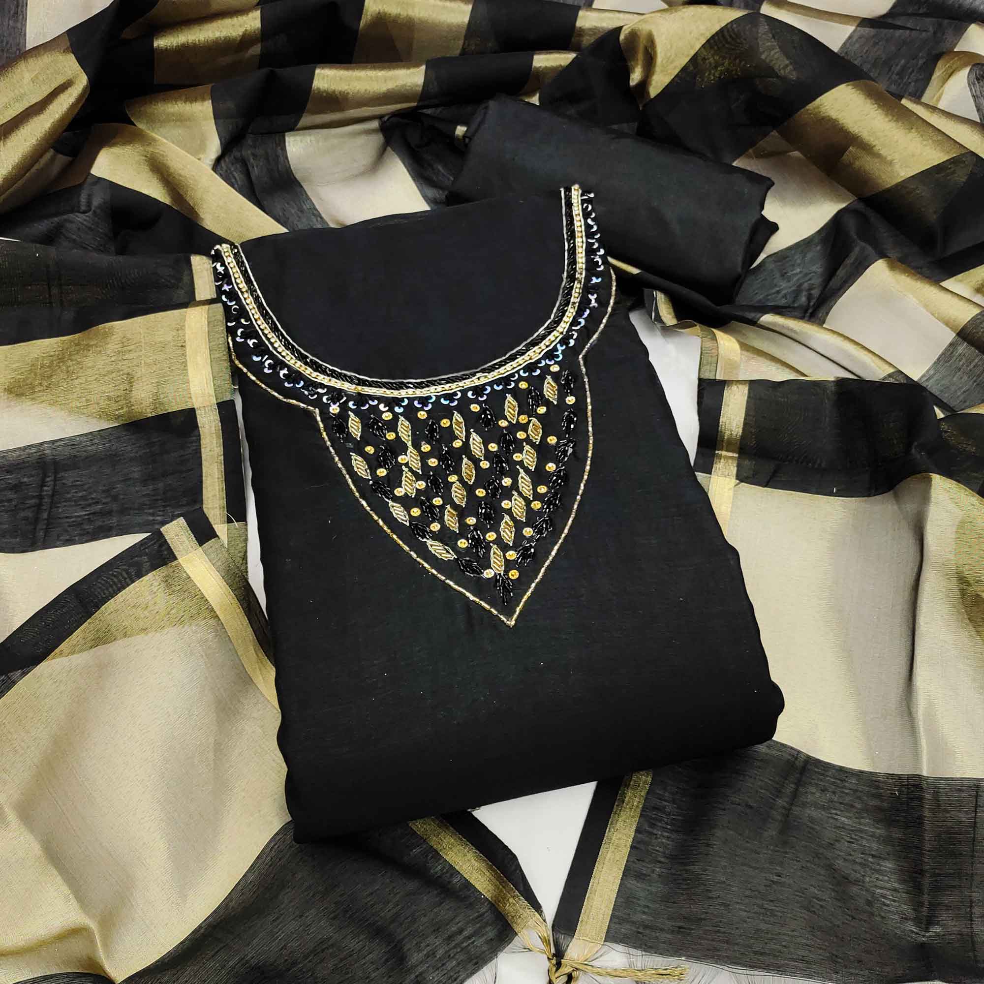 Elegant Black Beads & Sequins Handwork Chanderi Cotton Dress Material With Weaving Striped Pattern