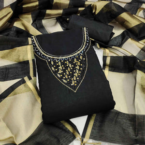 Elegant Black Beads & Sequins Handwork Chanderi Cotton Dress Material With Weaving Striped Pattern