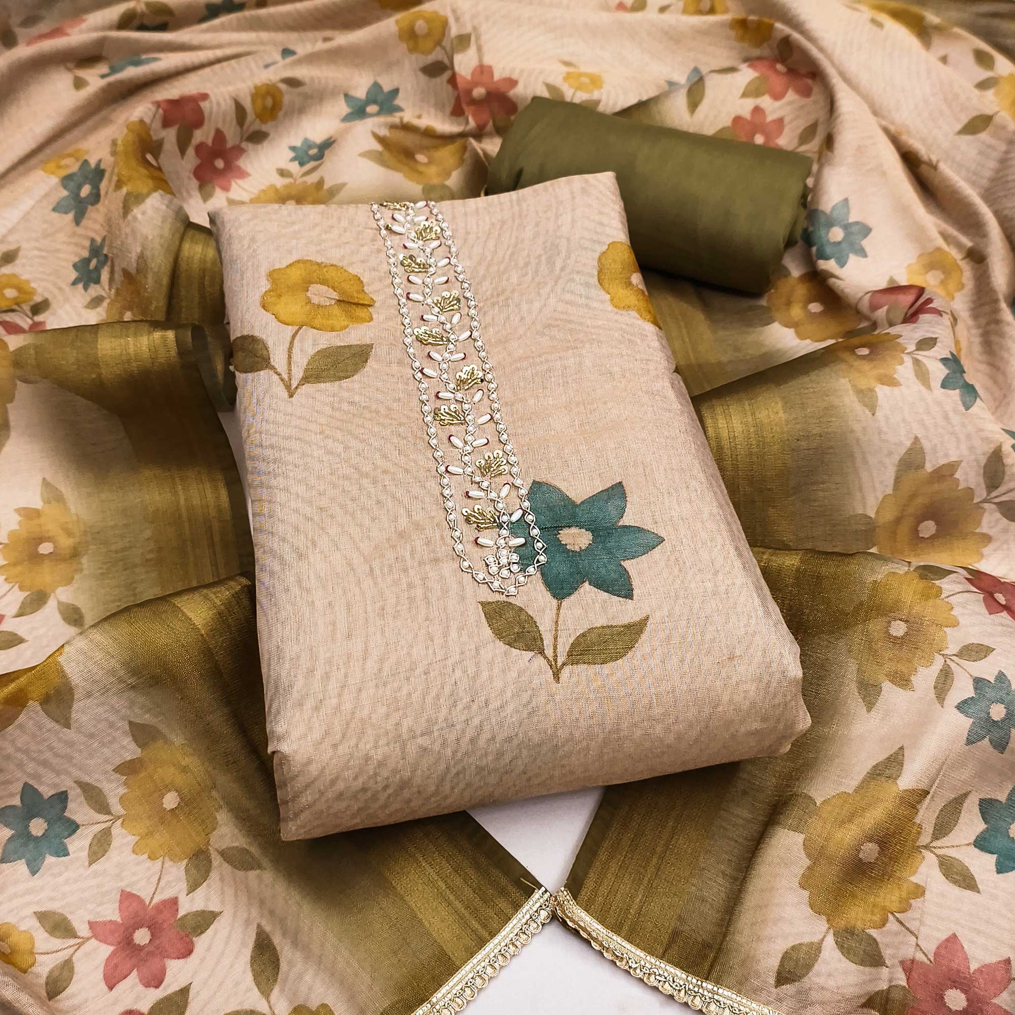 Beige & Mehendi Green Digital Floral Printed Shimmer Dress Material With Pearl & Cutdana Handwork