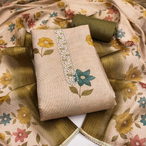 Beige & Mehendi Green Digital Floral Printed Shimmer Dress Material With Pearl & Cutdana Handwork