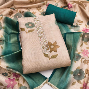 Beige & Teal Digital Floral Printed Shimmer Dress Material With Pearl & Cutdana Handwork