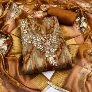 Luxury Dark Mustard Ikkat Woven Viscose Dress Material Adorned With Floral Pearl & Cutdana Handwork