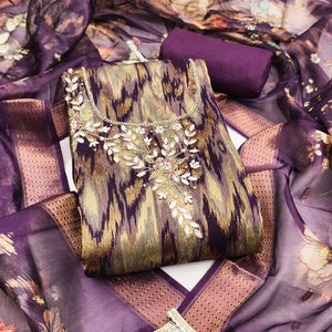 Luxury Purple Ikkat Weaving Viscose Dress Material Adorned With Floral Pearl & Cutdana Handwork