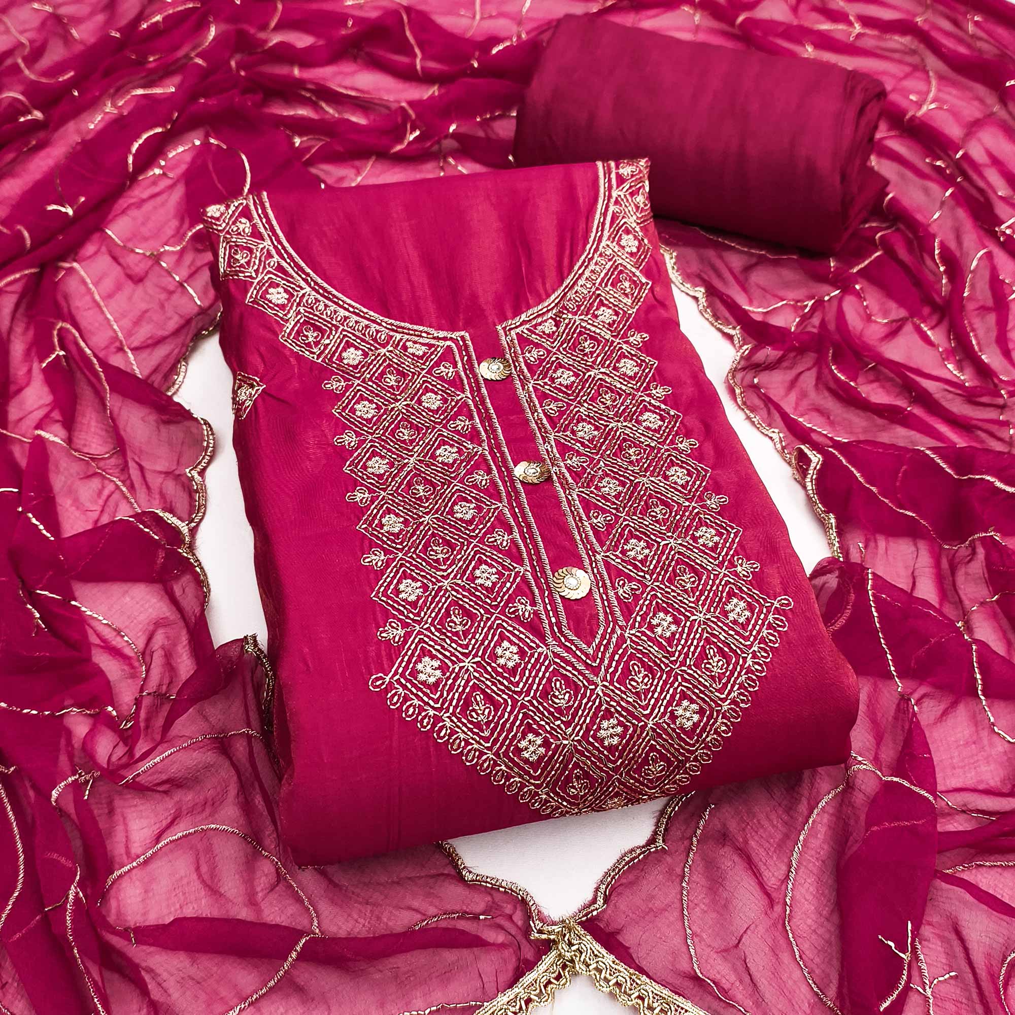 Stylish Pink Floral Embroidered Viscose Dress Material Showcasing Elegant Cutdana Handwork