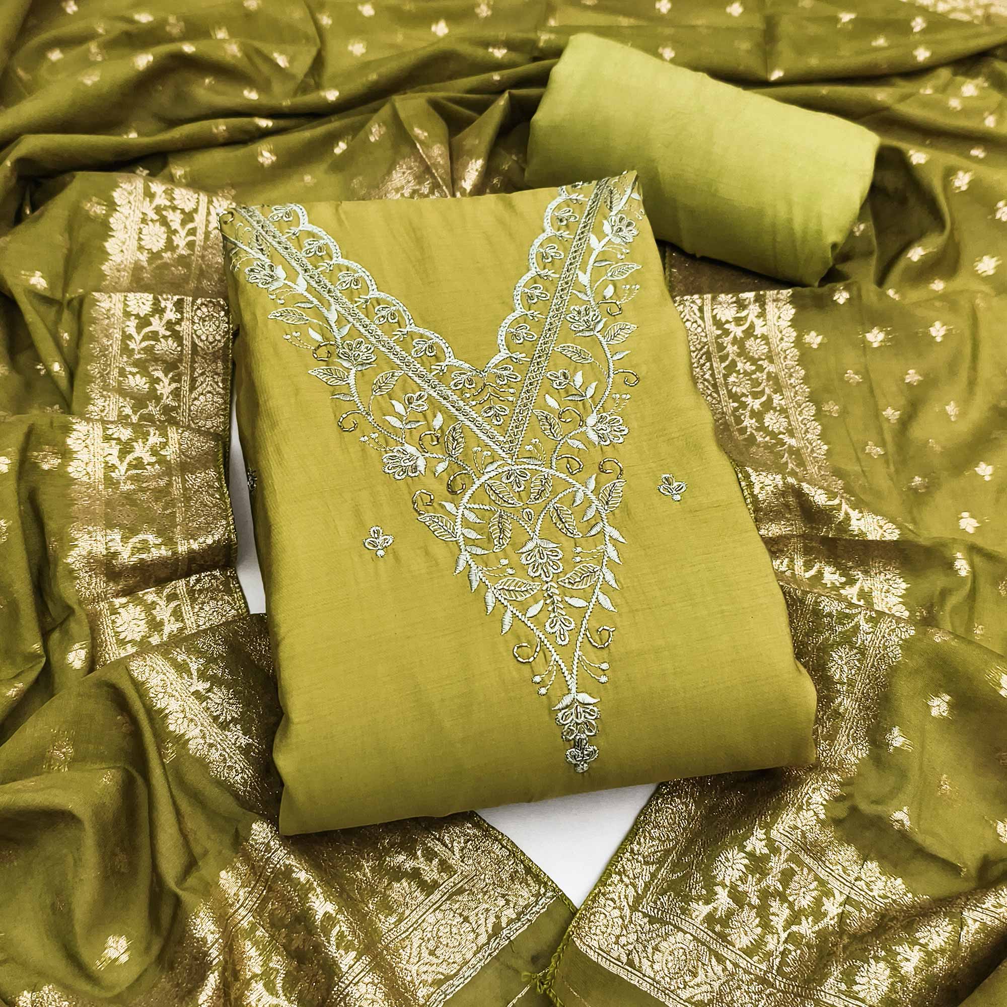 Exclusive Green Floral Embroidery Viscose Dress Material Enhanced With Cutdana Handwork Accents