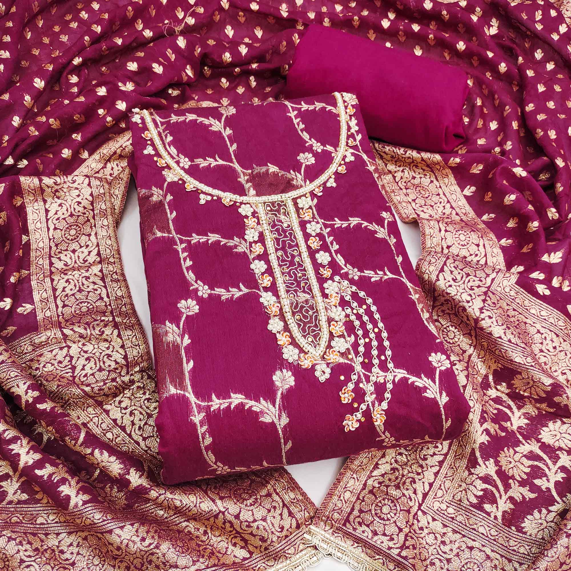 Dark Magenta Floral Weaving Banarasi Silk Dress Material Featuring Sequins & Moti Handwork