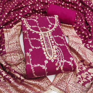 Dark Magenta Floral Weaving Banarasi Silk Dress Material Featuring Sequins & Moti Handwork