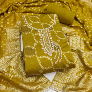 Dark Mustard Floral Weaving Banarasi Silk Dress Material Featuring Sequins & Moti Handwork