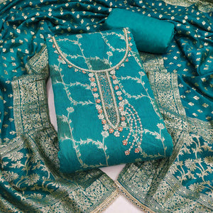 Rama Blue Floral Weaving Banarasi Silk Dress Material Featuring Sequins & Moti Handwork