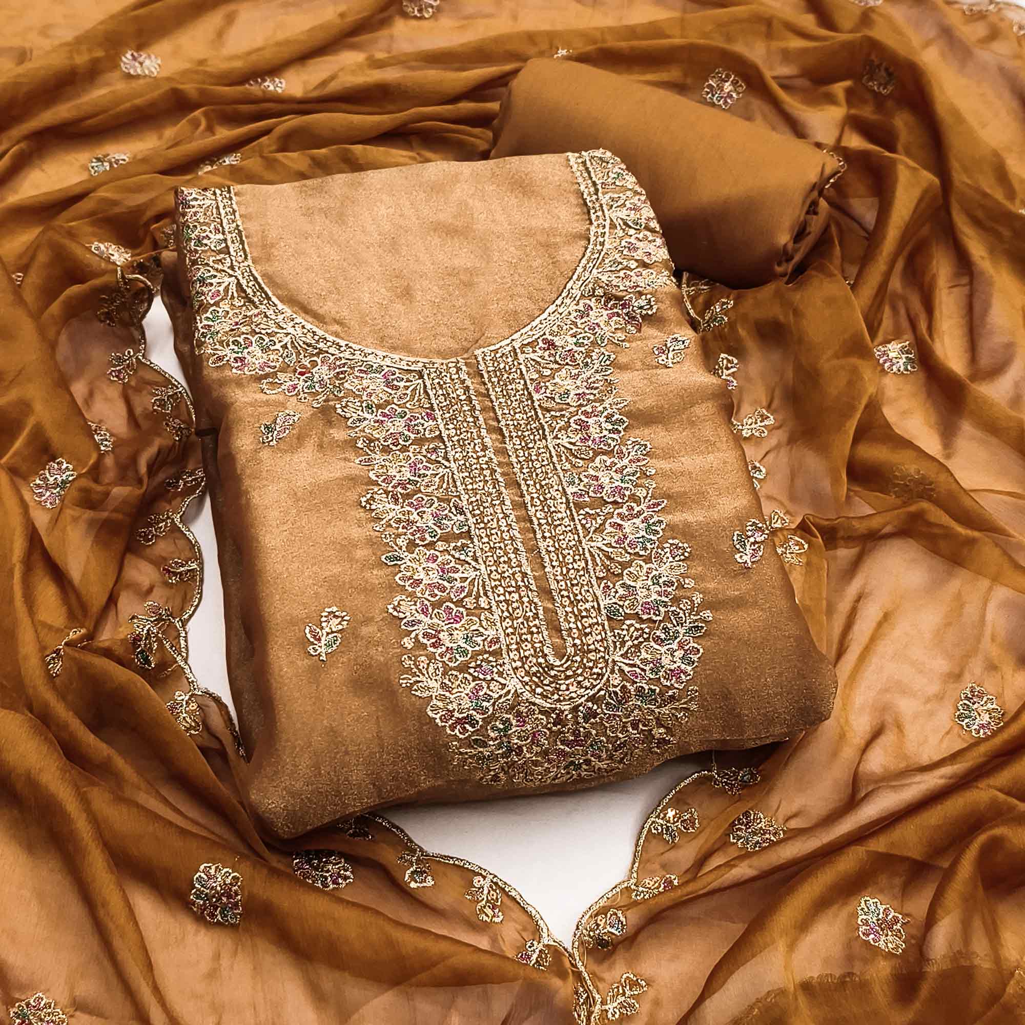 Graceful Light Brown Floral Sequins Embroidered With Handwork Georgette Dress Material