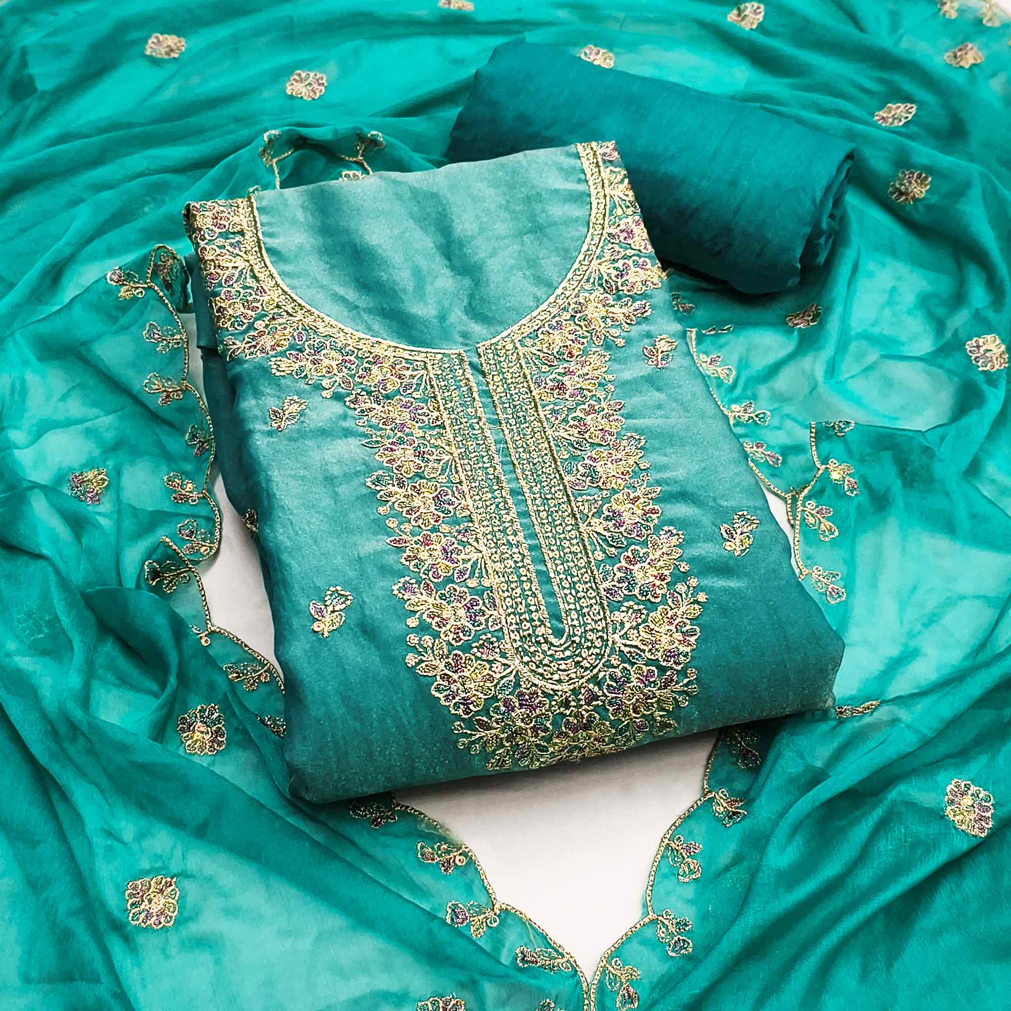 Graceful Turquoise Floral Sequins Embroidered With Handwork Georgette Dress Material