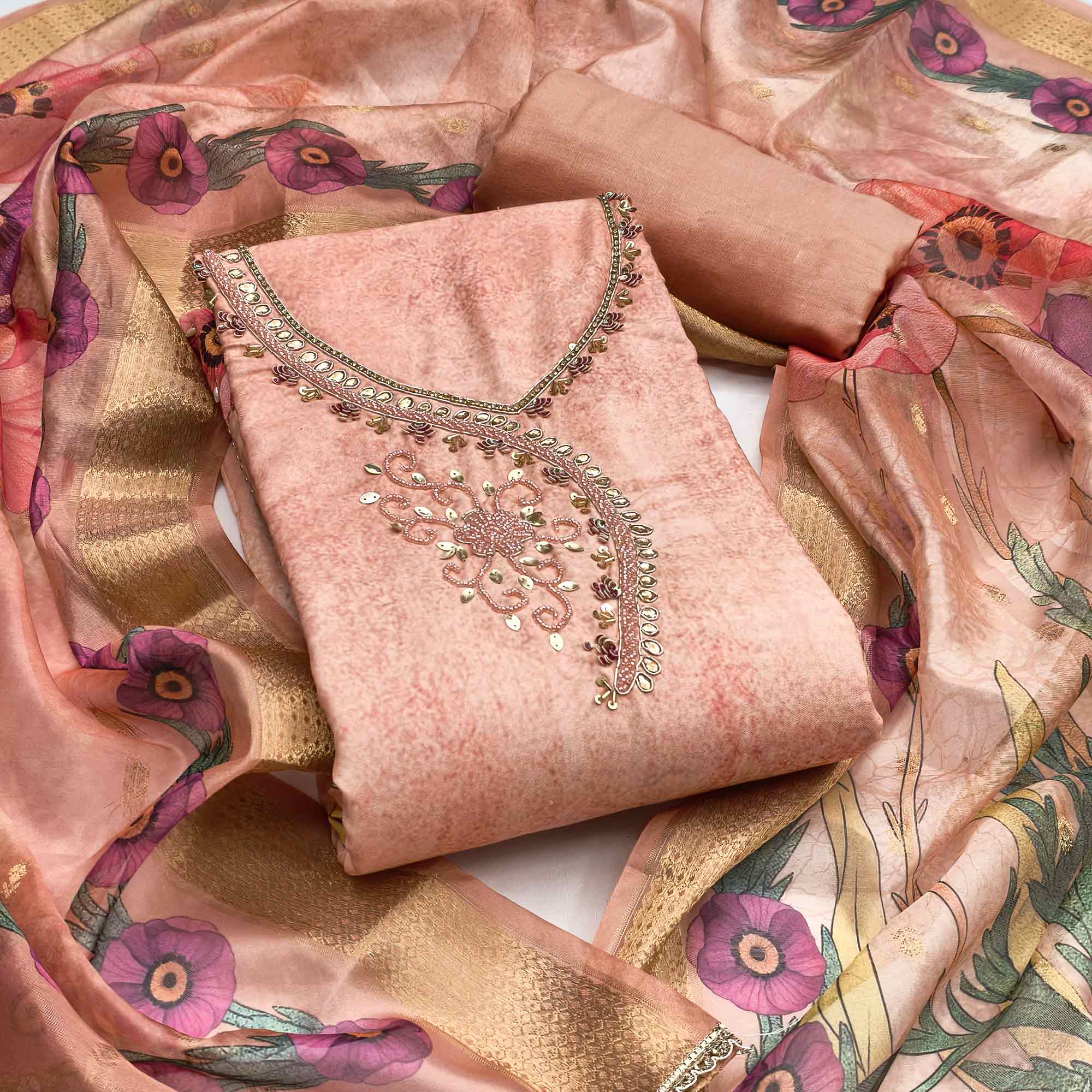 Charming Peach Floral Digital Printed Rayon Dress Material With Sequins & Moti Handwork