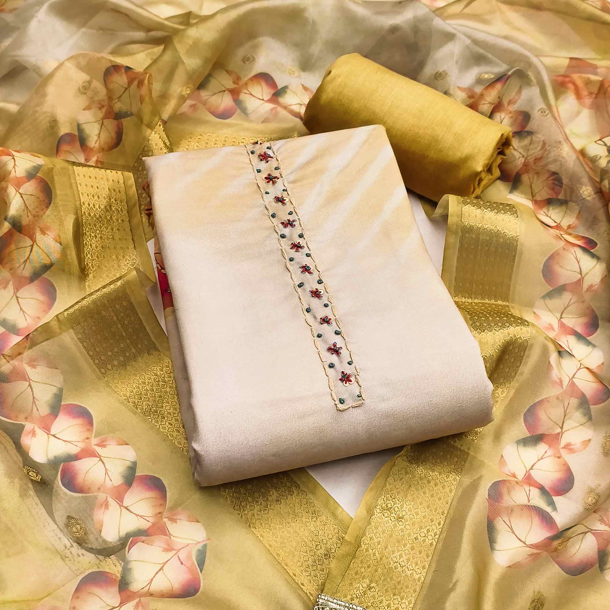 Fresh Green Leaf Digital Printed Rayon Dress Material With Sequins & Delicate Handwork