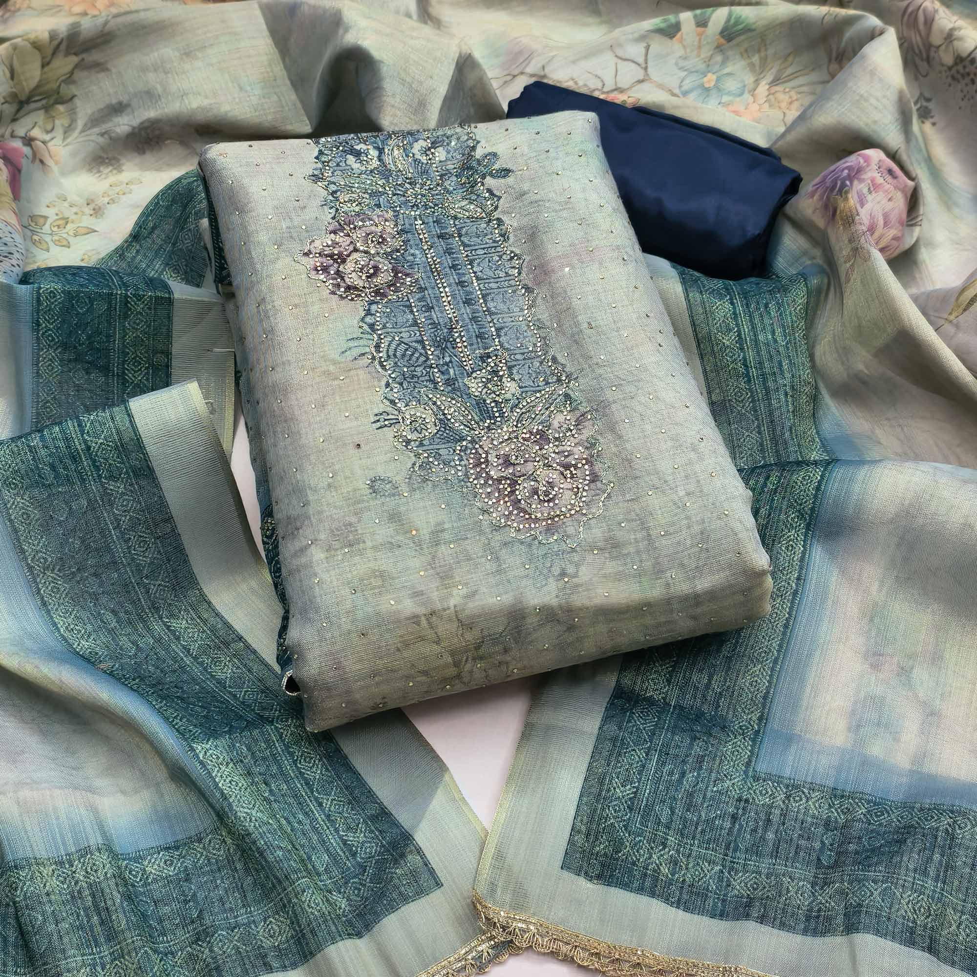 Sophisticated Blue Floral Digital Print With Swarovski Work Shimmer Dress Material