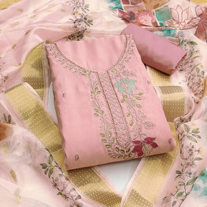 Charming Peach Floral Thread Embroidered With Artful Handwork Cotton Silk Dress Material