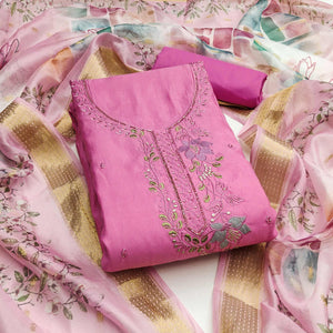 Charming Pink Floral Thread Embroidered With Artful Handwork Cotton Silk Dress Material