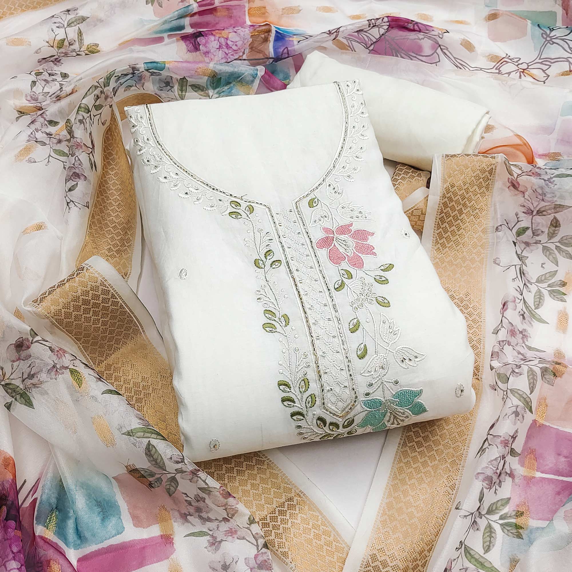 Charming White Floral Thread Embroidered With Artful Handwork Cotton Silk Dress Material