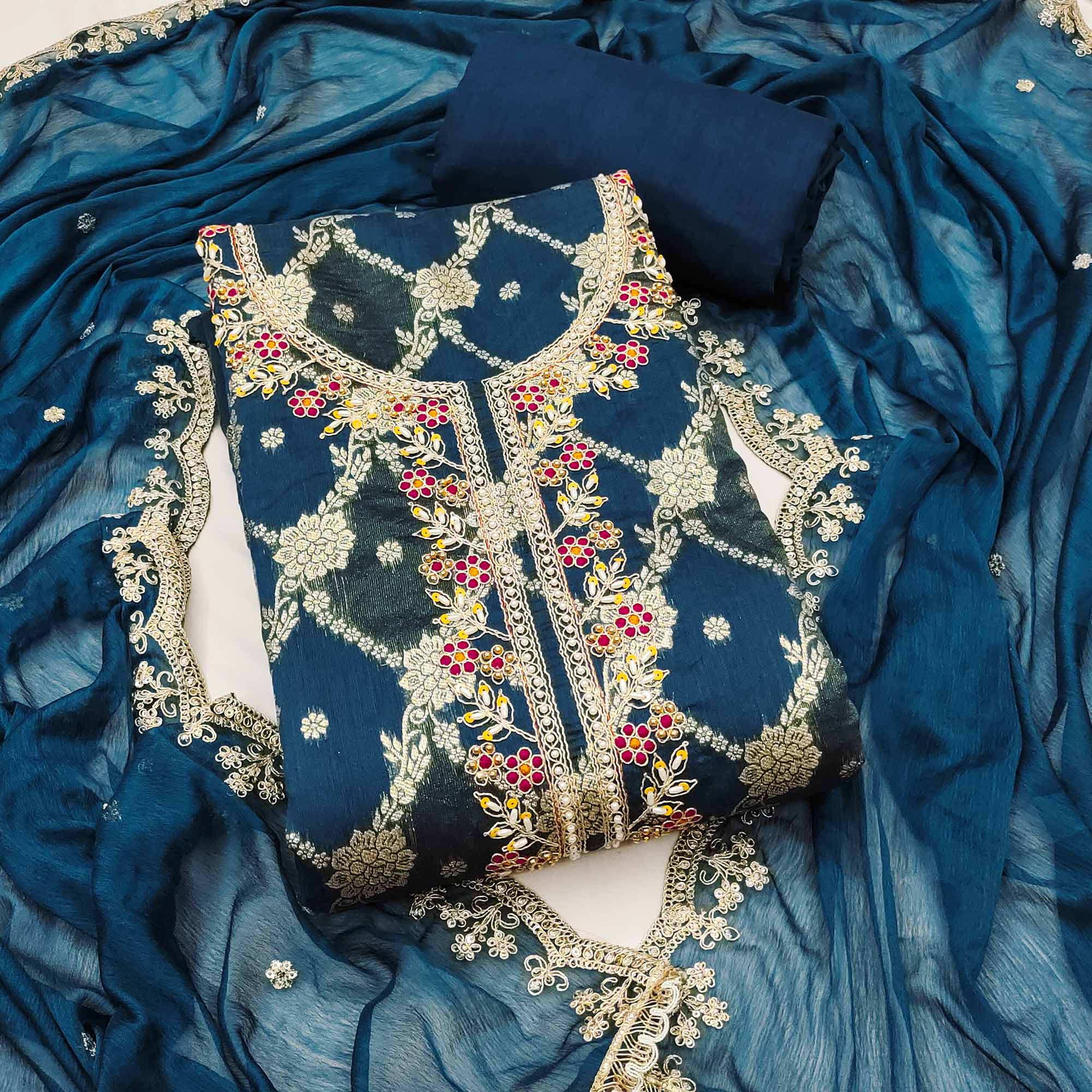 Opulent Blue Floral Woven Banarasi Silk Dress Material With Detailed Handwork & Sequin Embroidery