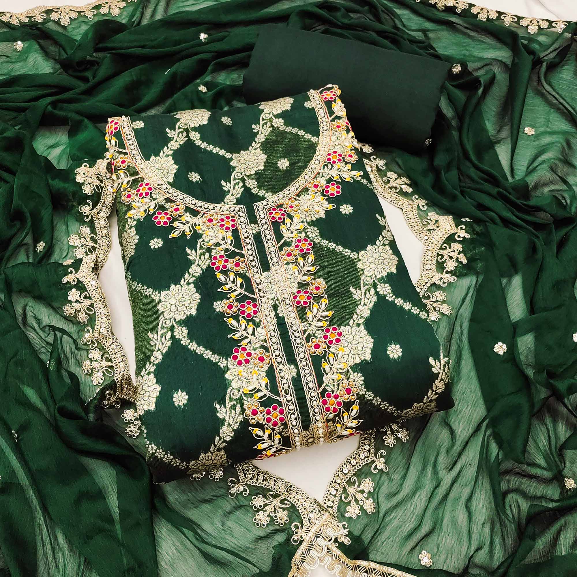 Opulent Green Floral Woven Banarasi Silk Dress Material With Detailed Handwork & Sequin Embroidery