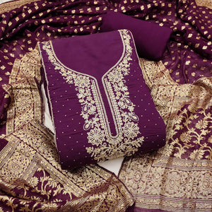 Luxury Wine Floral Embroidered Cotton Silk Dress Material Enhanced With Swarovski Work