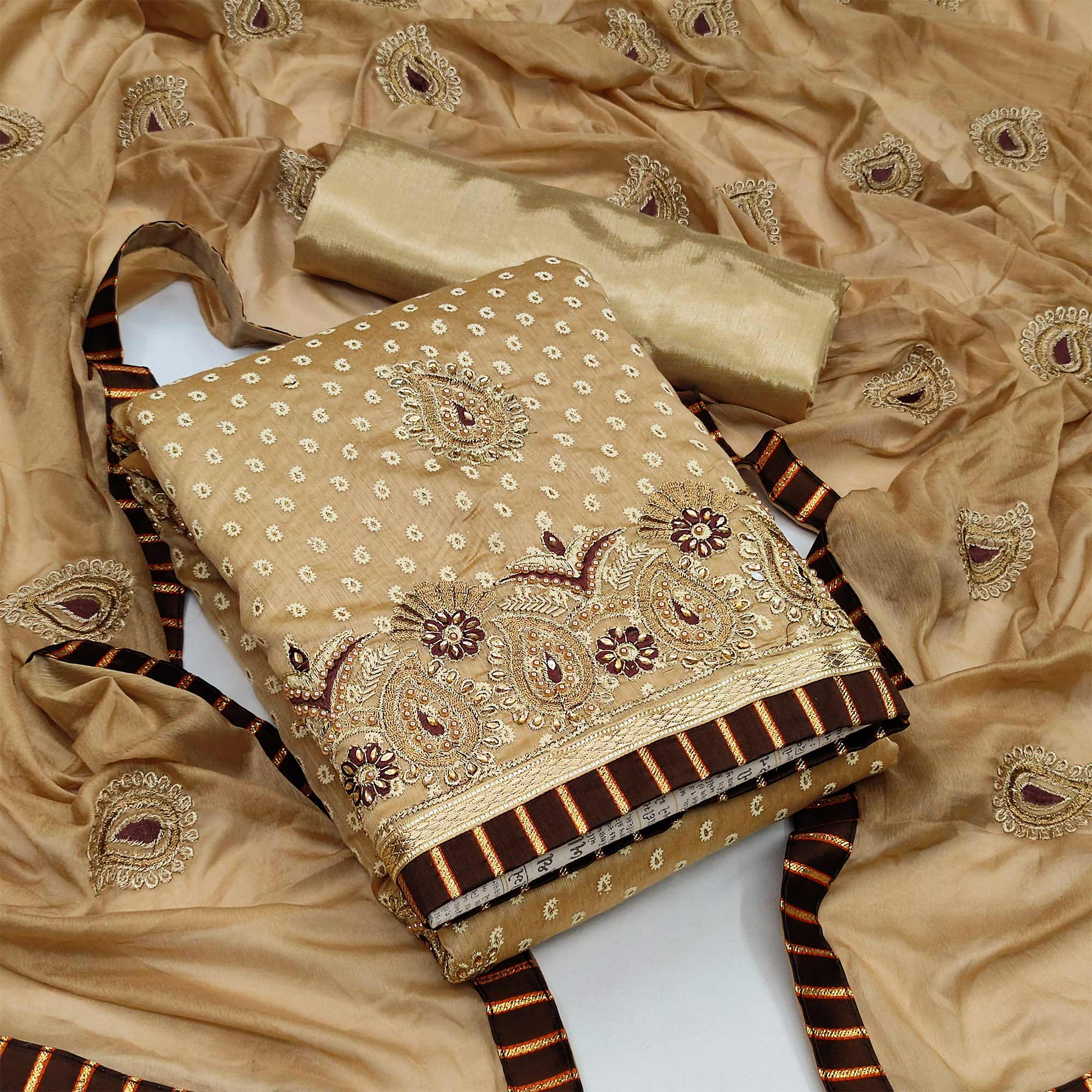 Graceful Chikoo Chanderi Silk Dress Material Adorned With Paisley Embroidery & Moti Hand Work