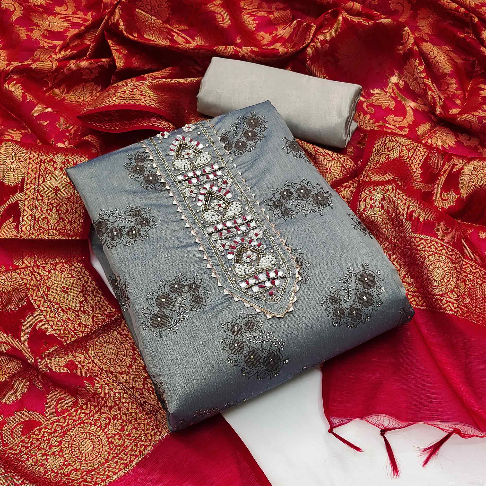 Timeless Grey Floral Printed Chanderi Silk Dress Material Enhanced With Intricate Moti Handwork