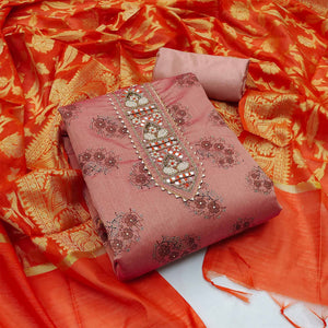 Timeless Pink Floral Printed Chanderi Silk Dress Material Enhanced With Intricate Moti Handwork