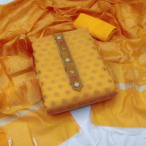 Luxurious Yellow Golden Butti Banarasi Silk Weaving Dress Material With Elegant Neck Work