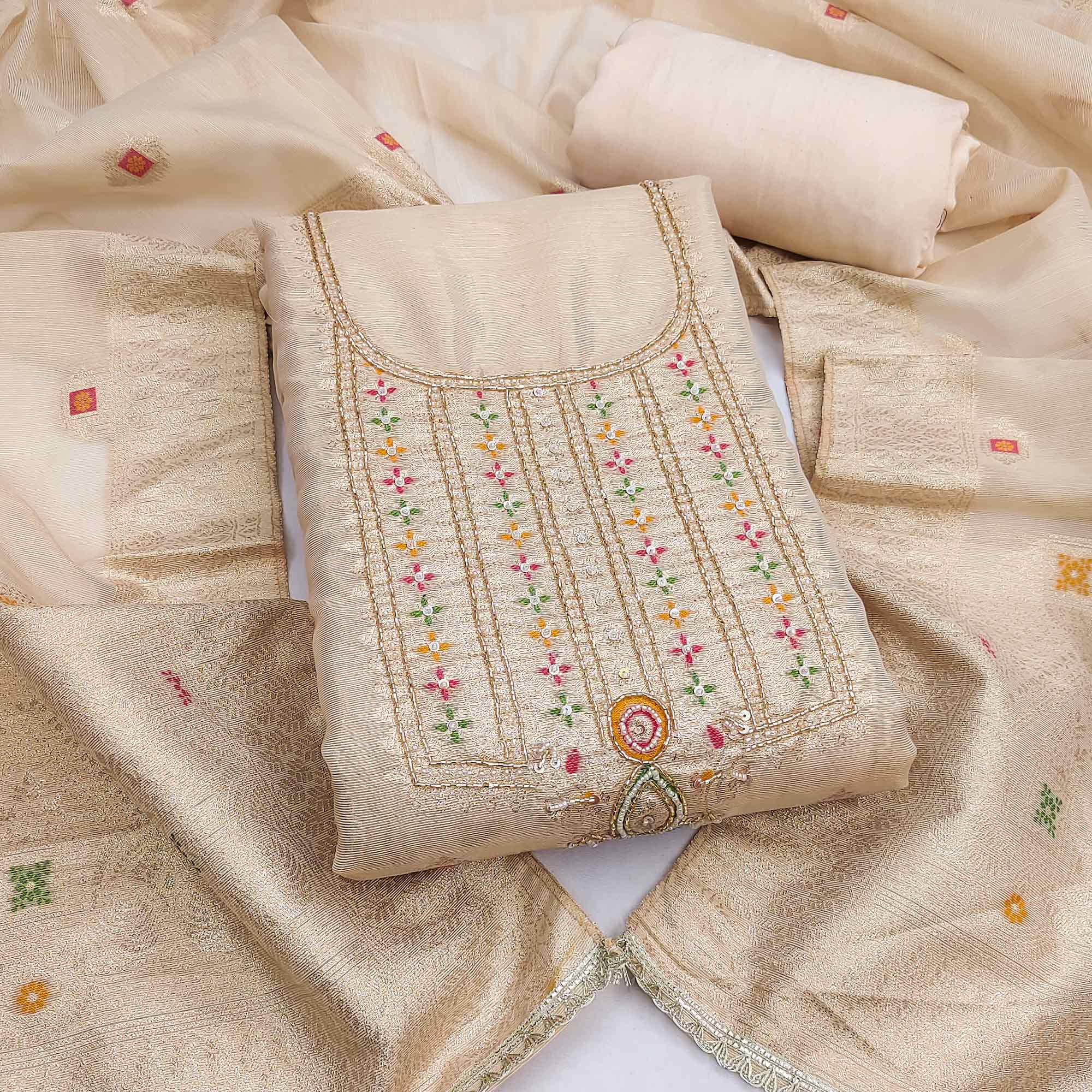 Elegant Cream Floral Weaving Shimmer Banarasi Dress Material With Beads & Sequins Neckline Work