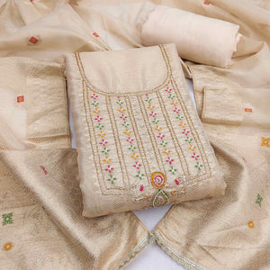 Elegant Cream Floral Weaving Shimmer Banarasi Dress Material With Beads & Sequins Neckline Work