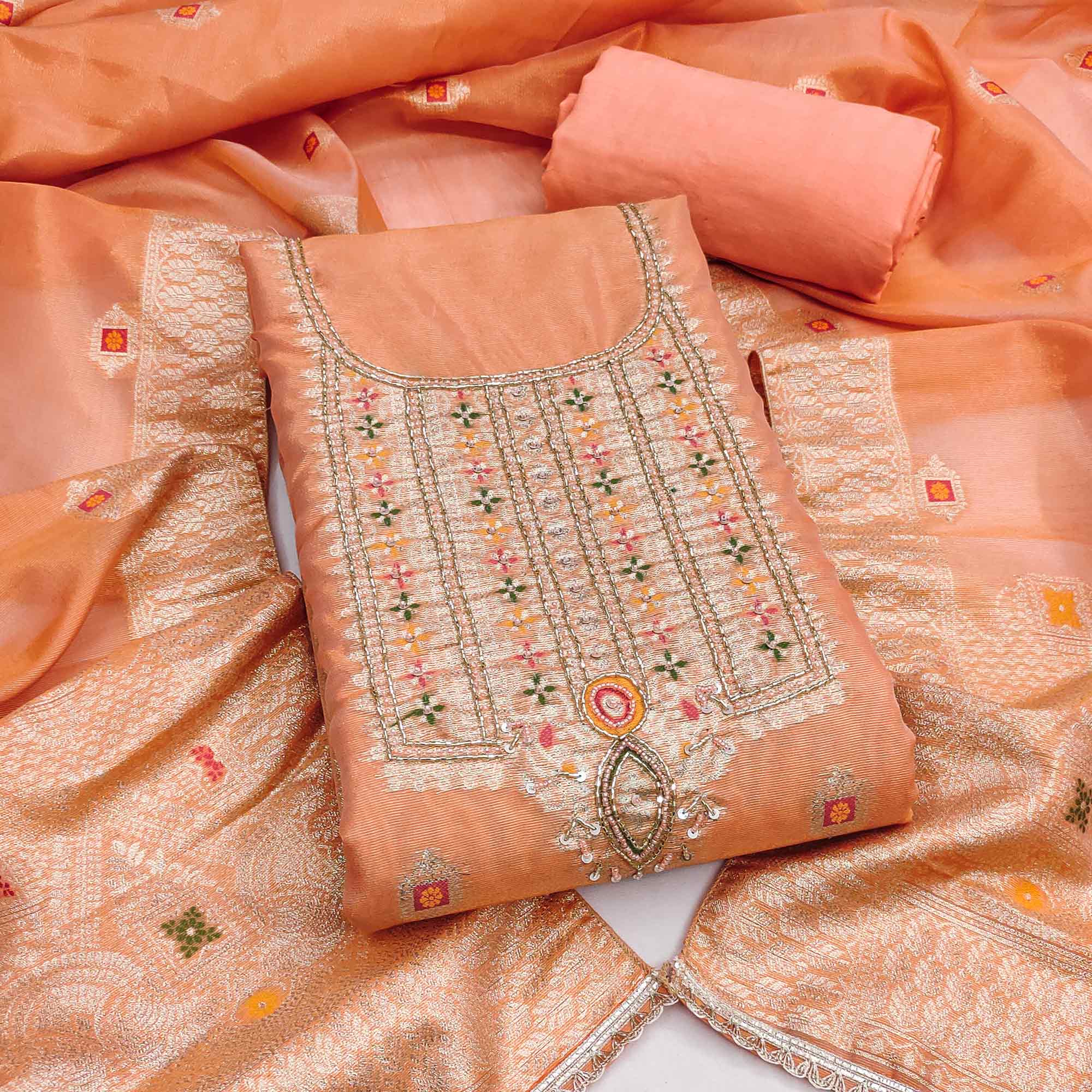 Elegant Peach Floral Weaving Shimmer Banarasi Dress Material With Beads & Sequins Neckline Work