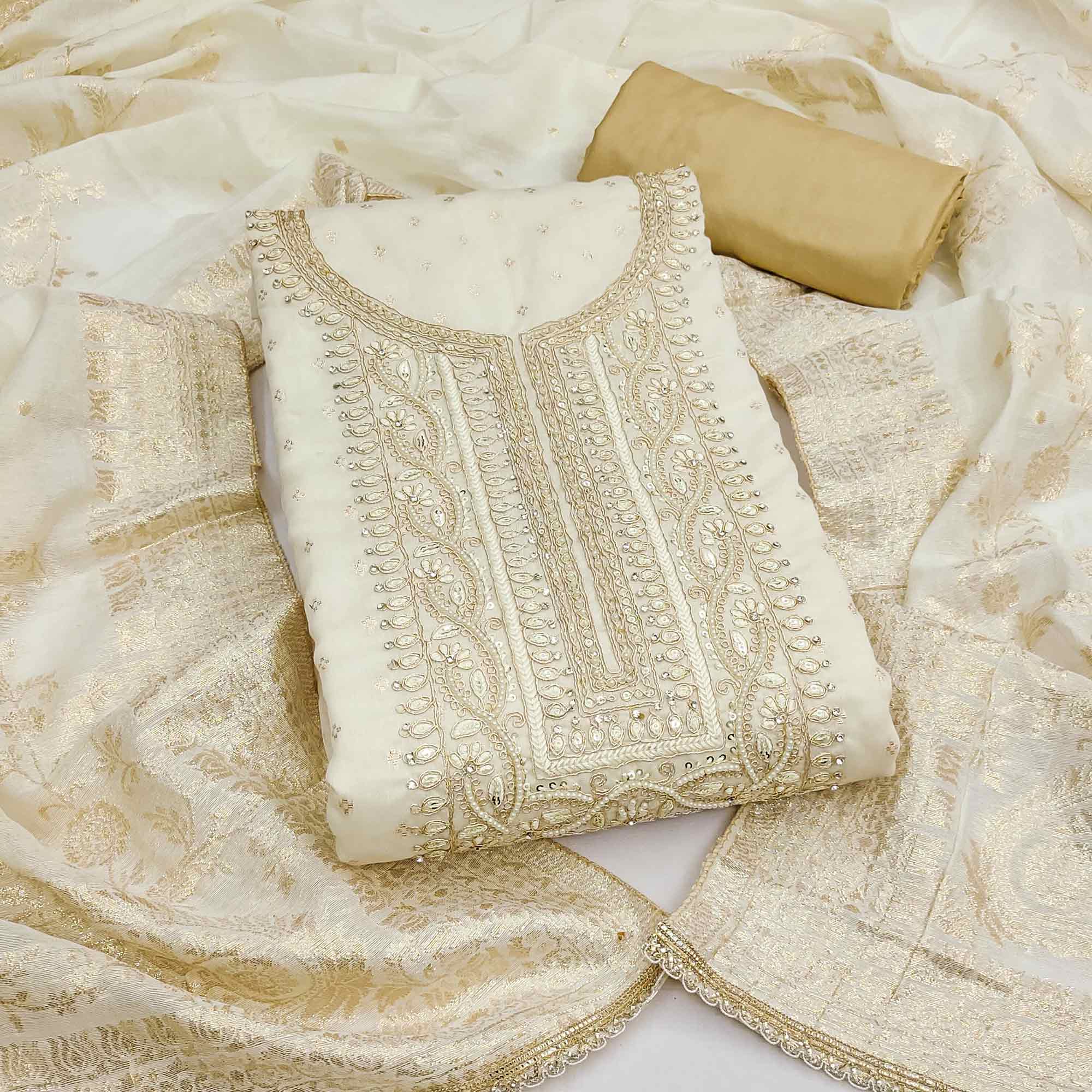 Graceful Cream Cording Embroidery Chanderi Silk Banarasi Dress Material With Sequins & Moti Work