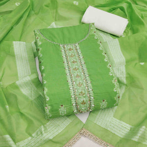 Elegant Green Floral Weaving Cotton Silk Banarasi Dress Material Adorned With Beads & Stone Work